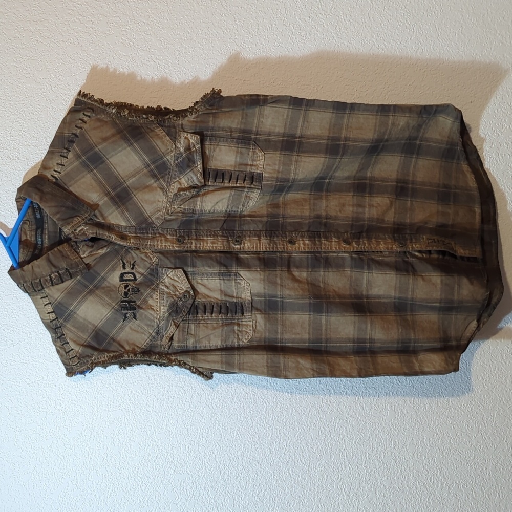 Harley Davidson faded plaid blowout sleeveless brown shirt button whip stitching